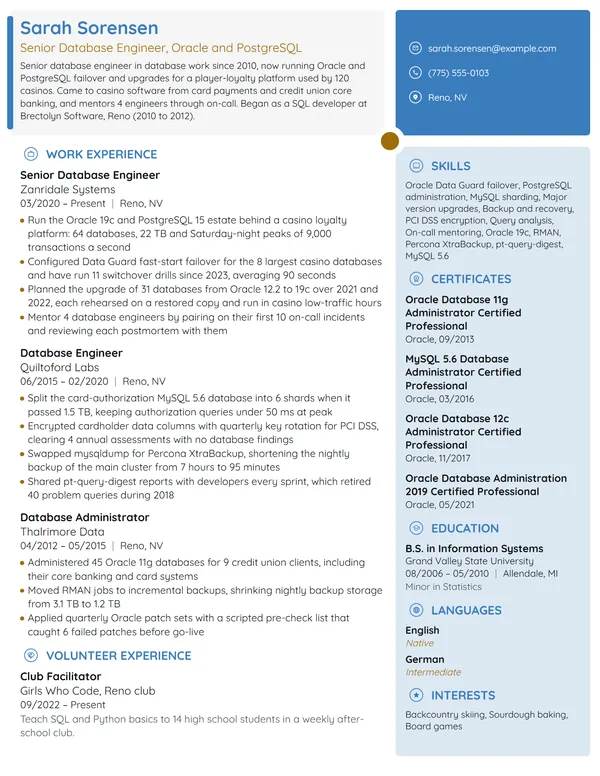 Senior Database Engineer resume example