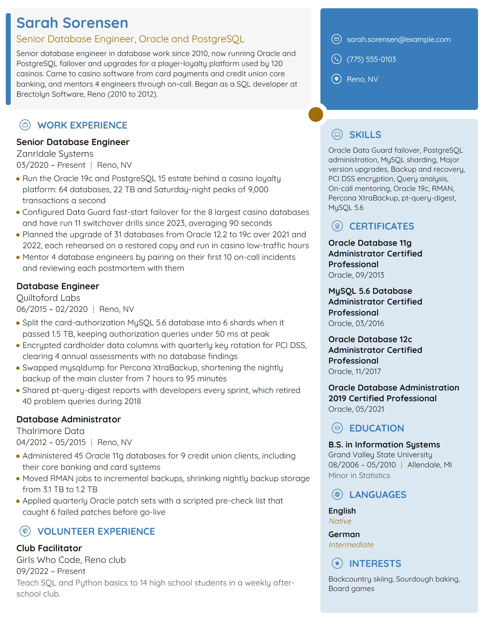 Senior Database Engineer resume example