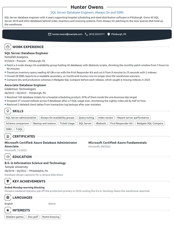 SQL Server Database Engineer resume example