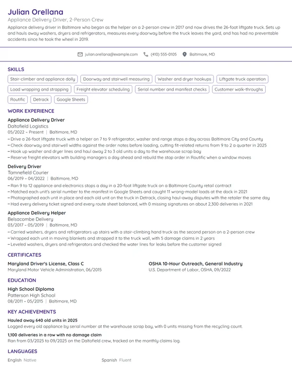Appliance Delivery Driver resume example