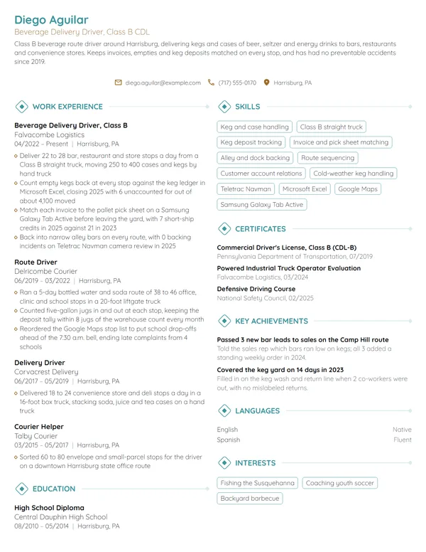 Beverage Delivery Driver resume example