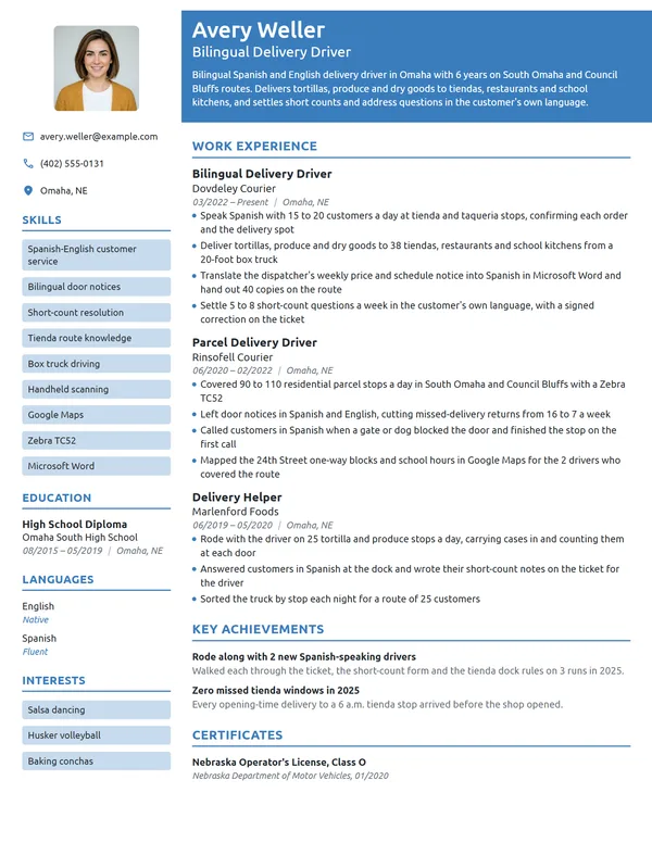 Bilingual Delivery Driver resume example