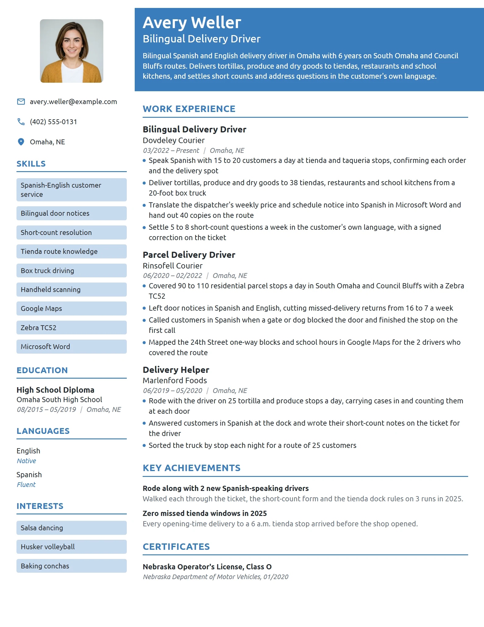 Bilingual Delivery Driver resume example
