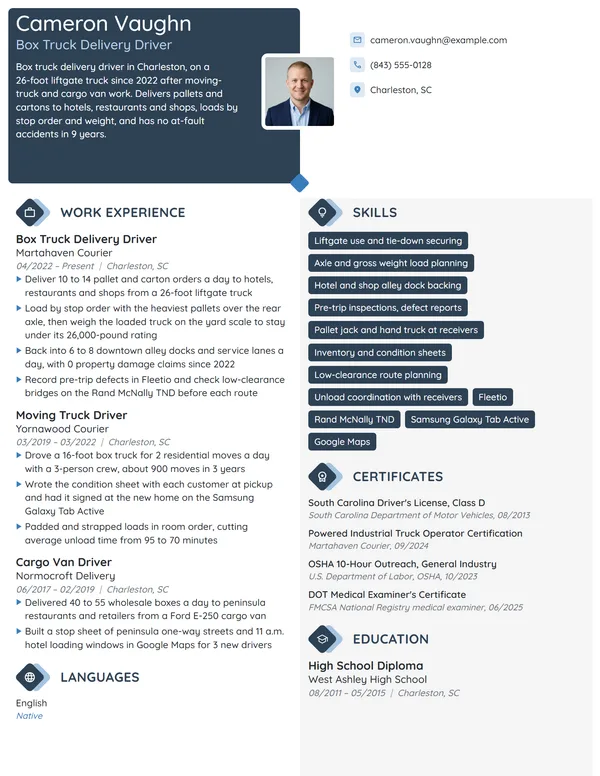 Box Truck Delivery Driver resume example