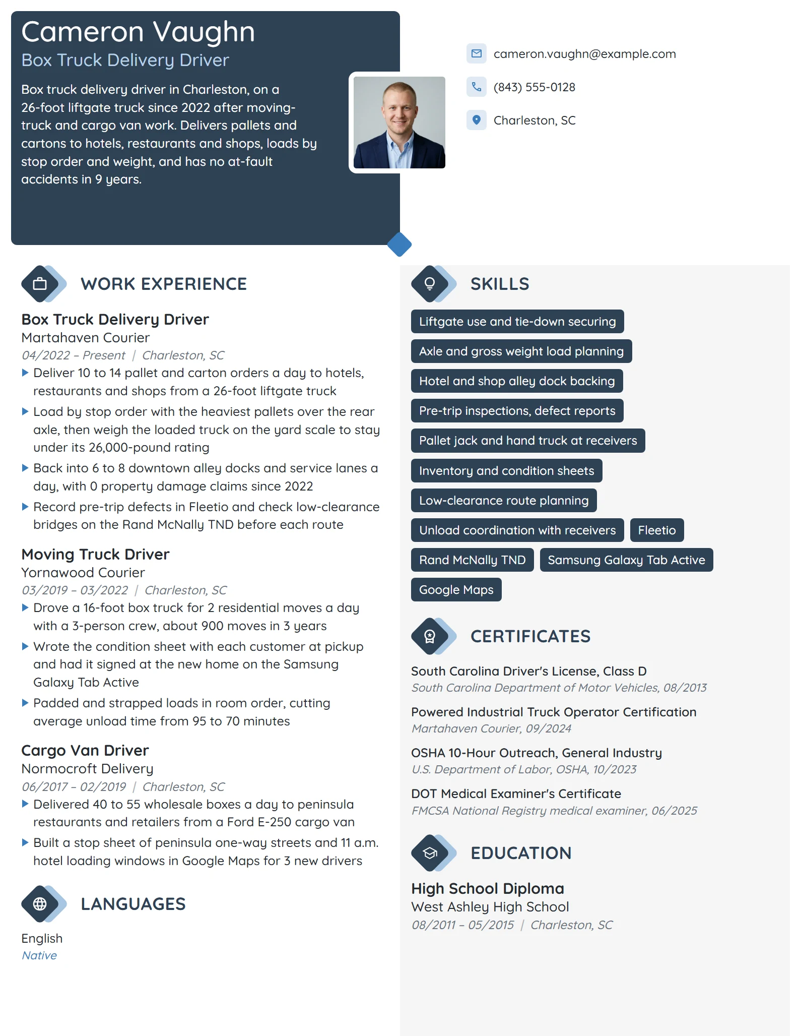 Box Truck Delivery Driver resume example