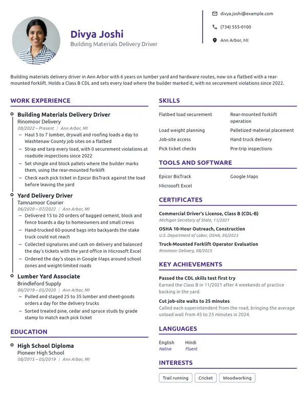 Building Materials Delivery Driver resume example