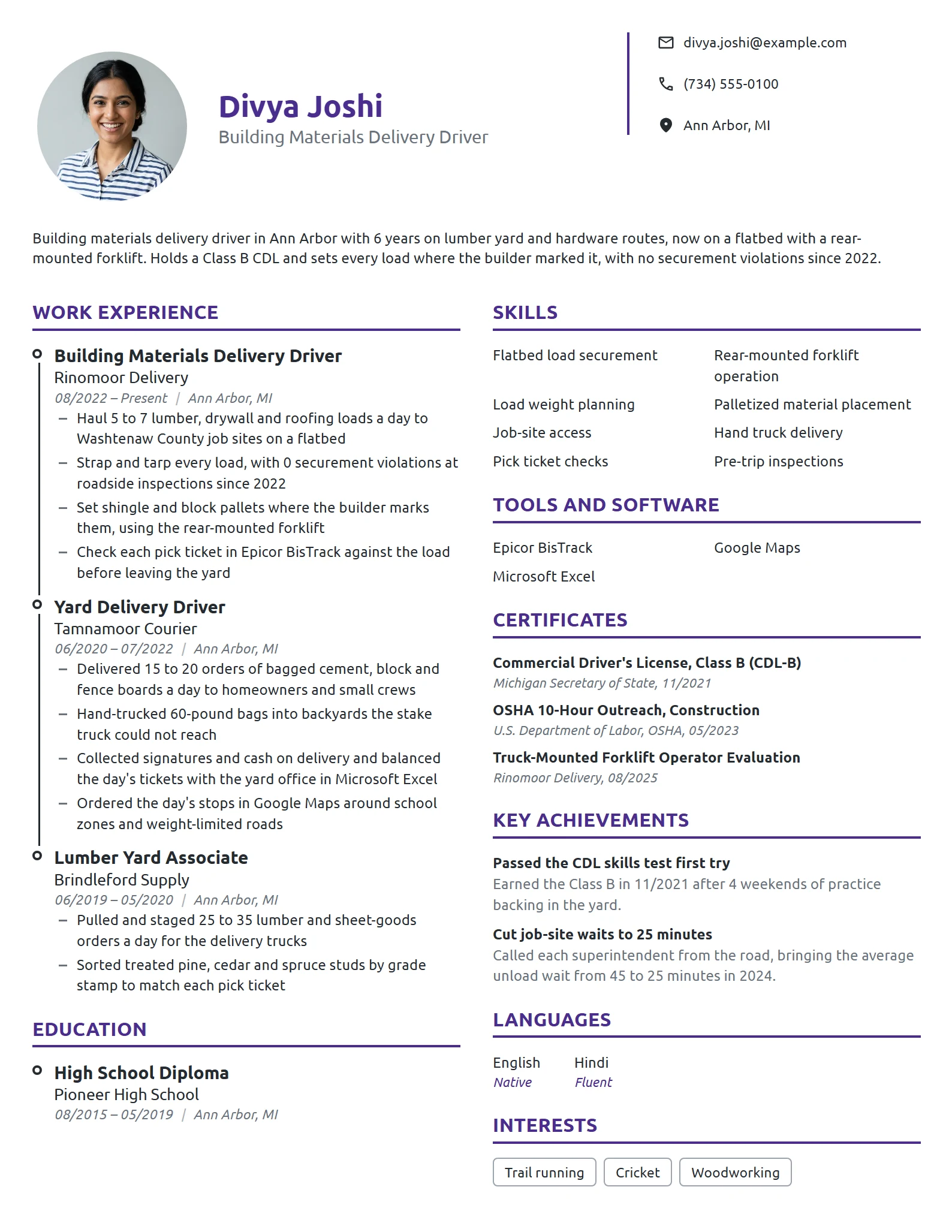Building Materials Delivery Driver resume example