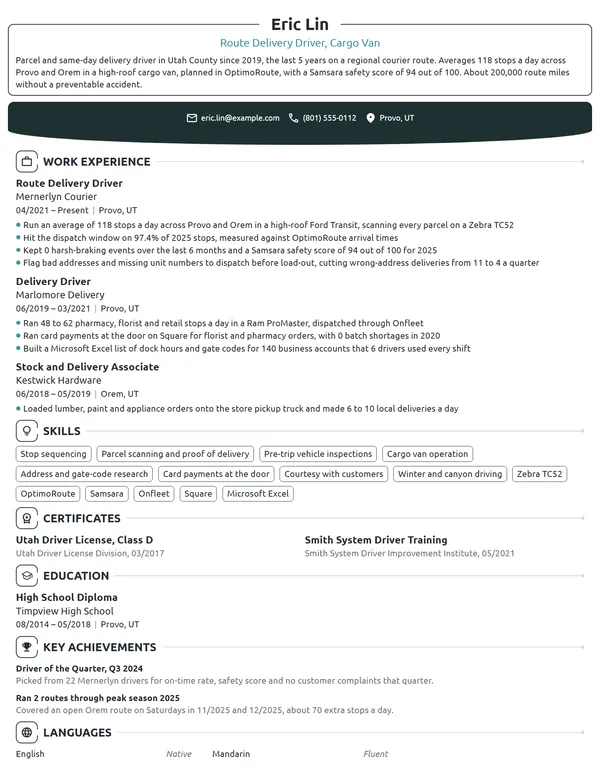 Delivery Driver resume example