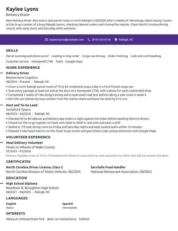Entry-Level Delivery Driver resume example