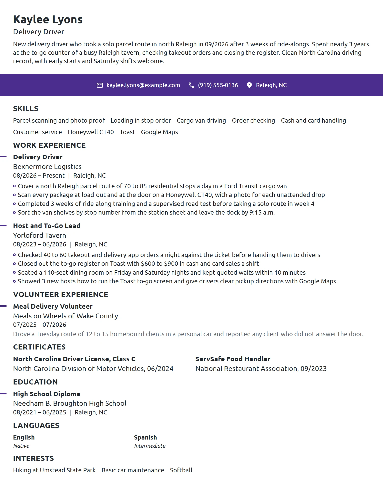 Entry-Level Delivery Driver resume example
