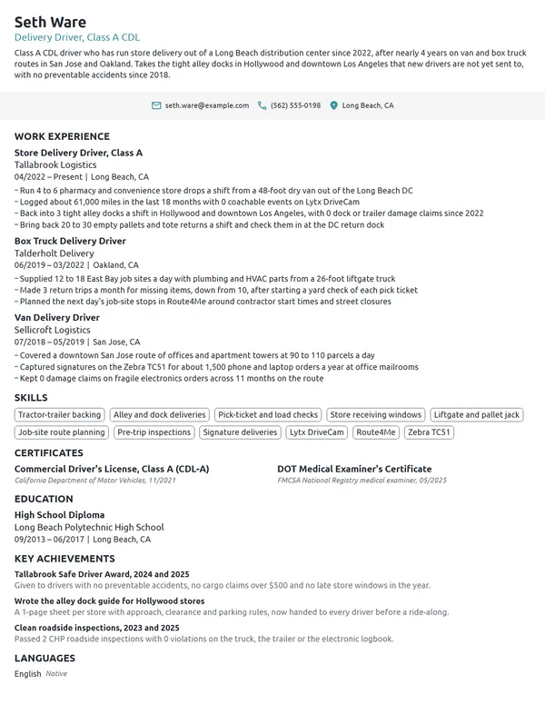 Experienced Delivery Driver resume example