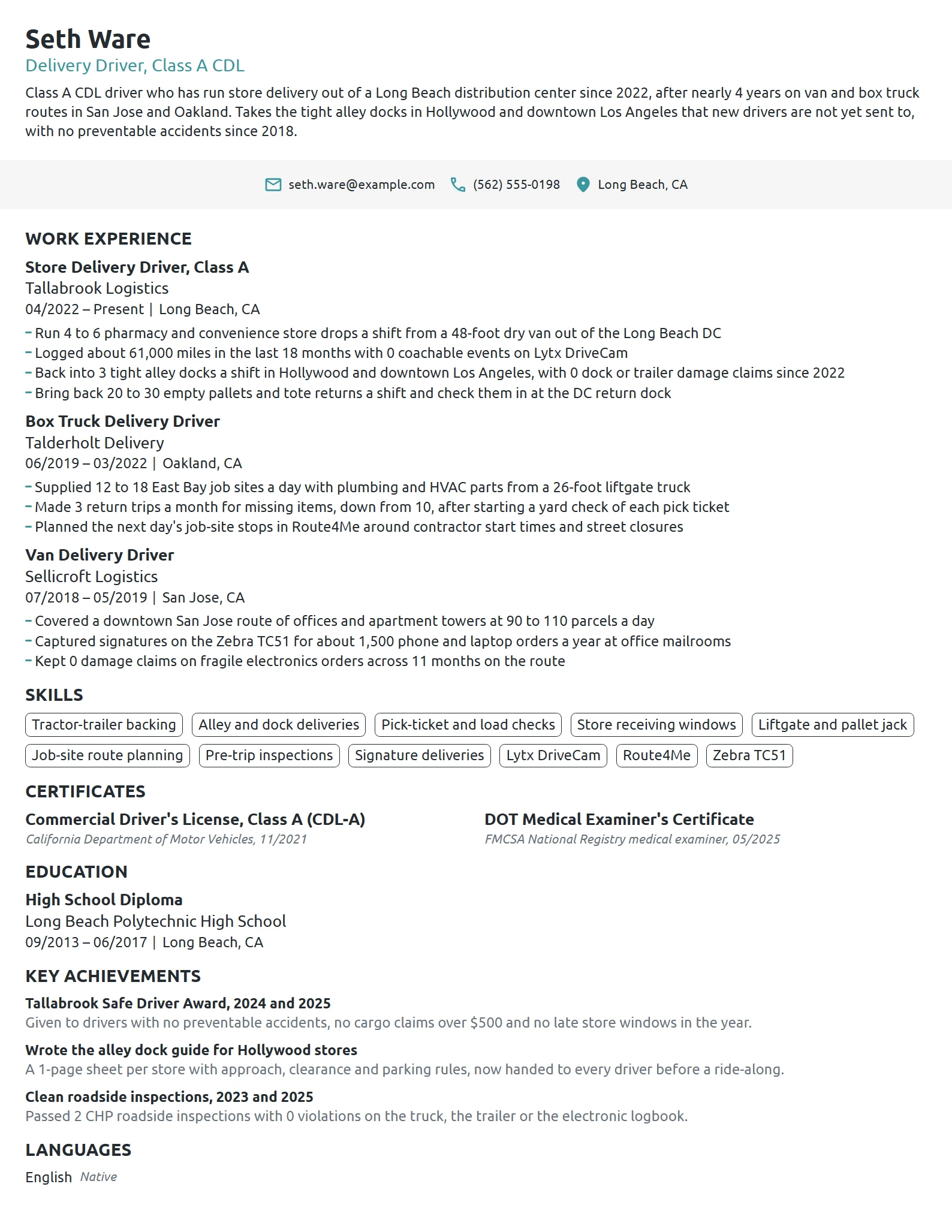 Experienced Delivery Driver resume example