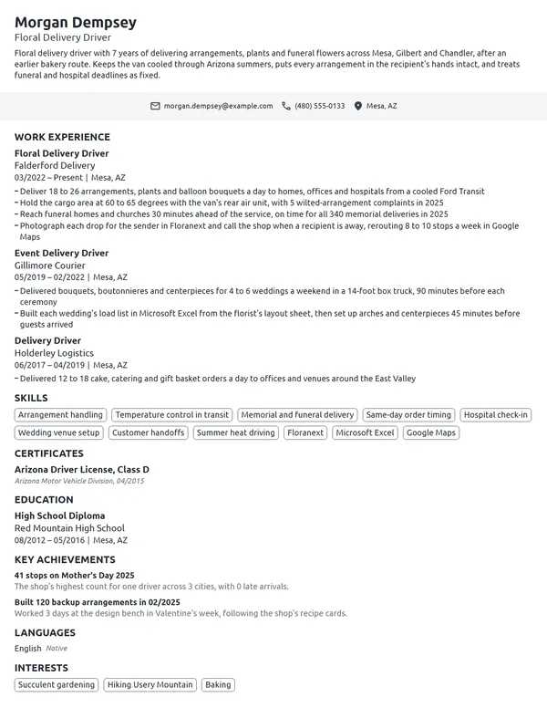 Floral Delivery Driver resume example