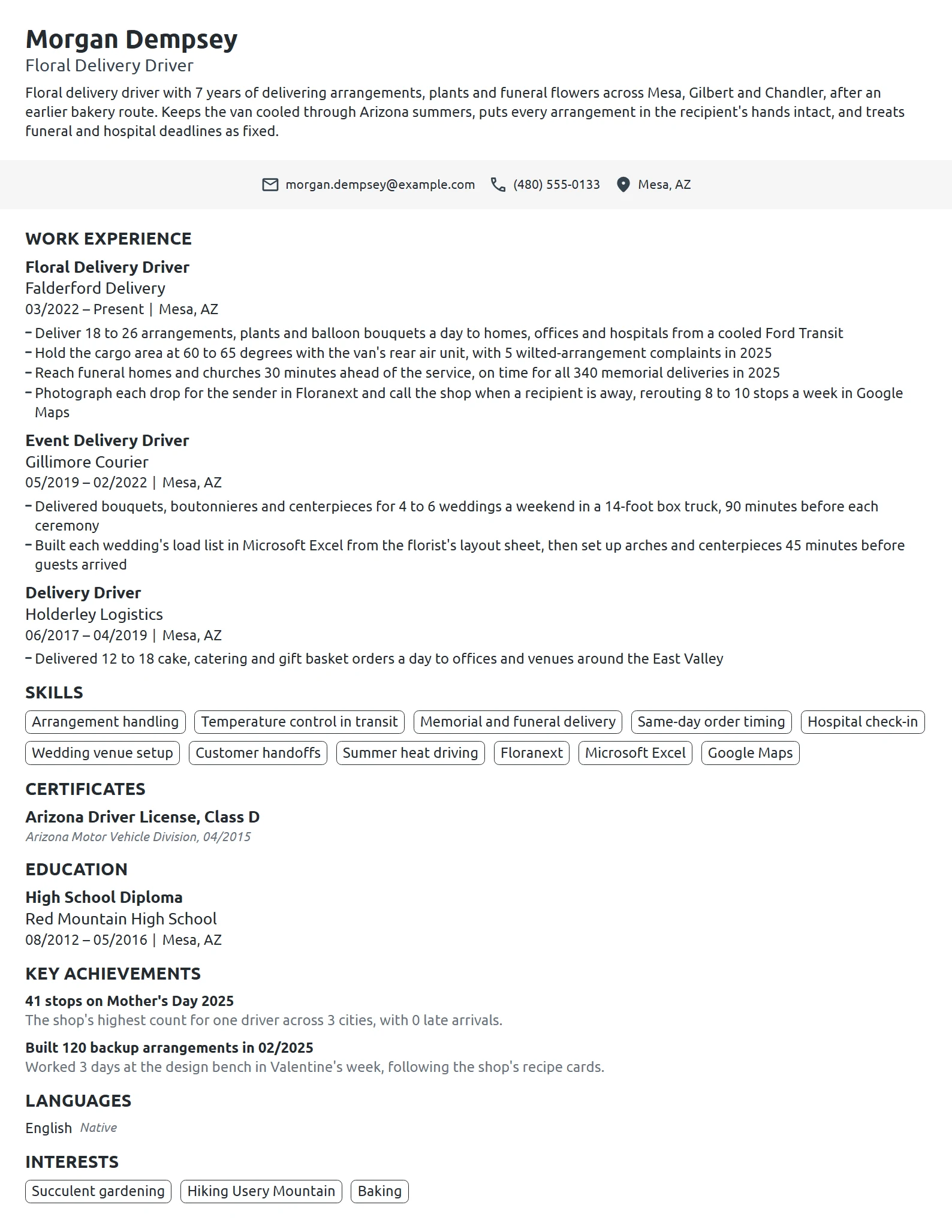 Floral Delivery Driver resume example