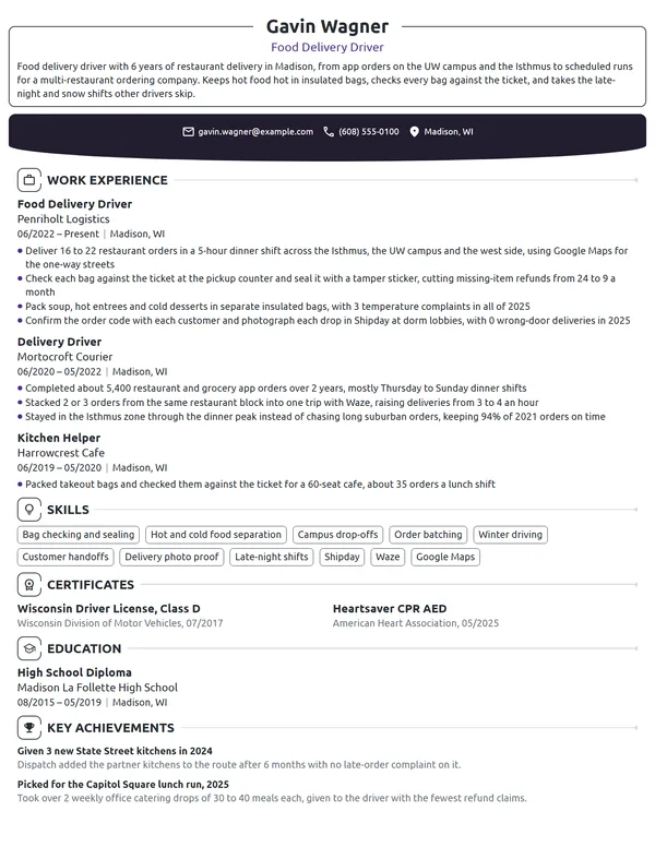 Food Delivery Driver resume example