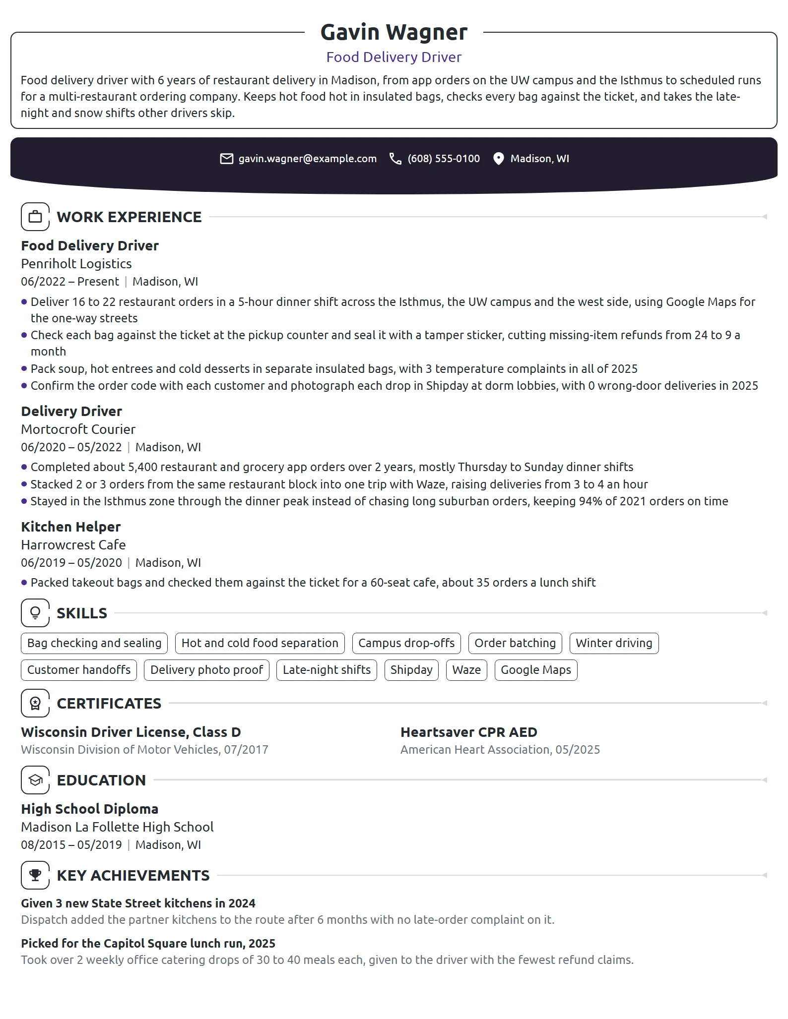 Food Delivery Driver resume example
