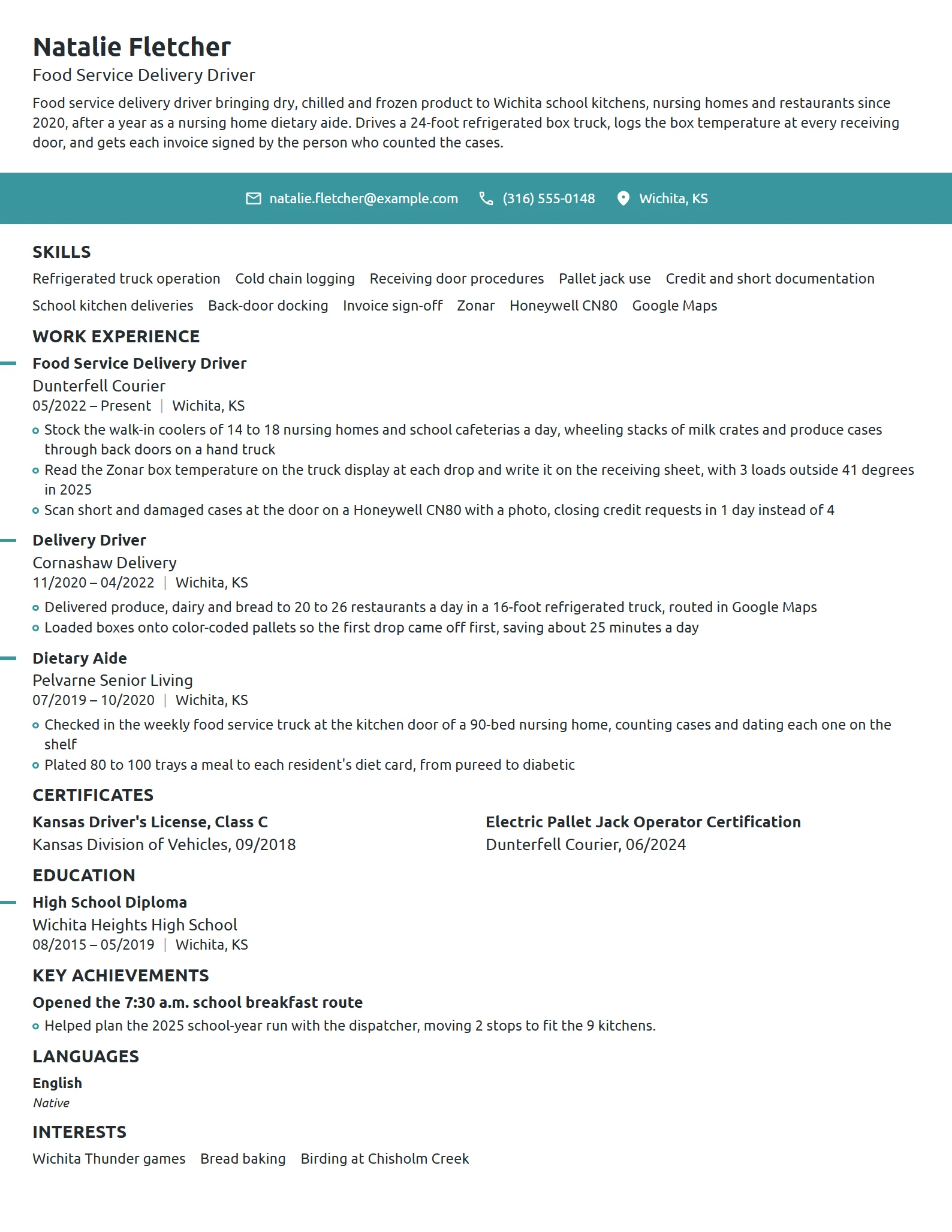 Food Service Delivery Driver resume example