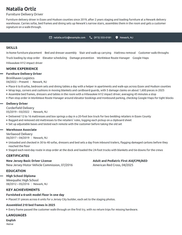 Furniture Delivery Driver resume example