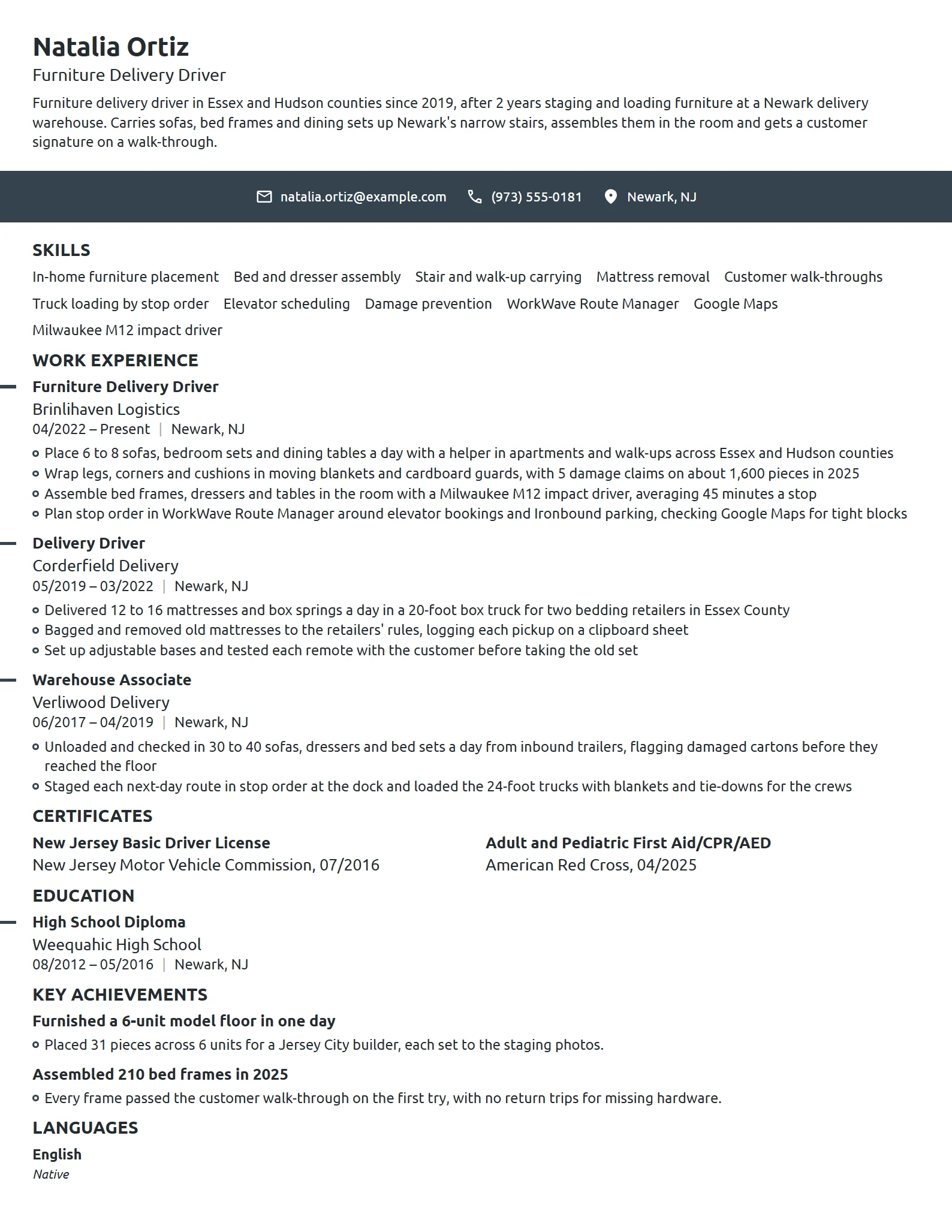 Furniture Delivery Driver resume example