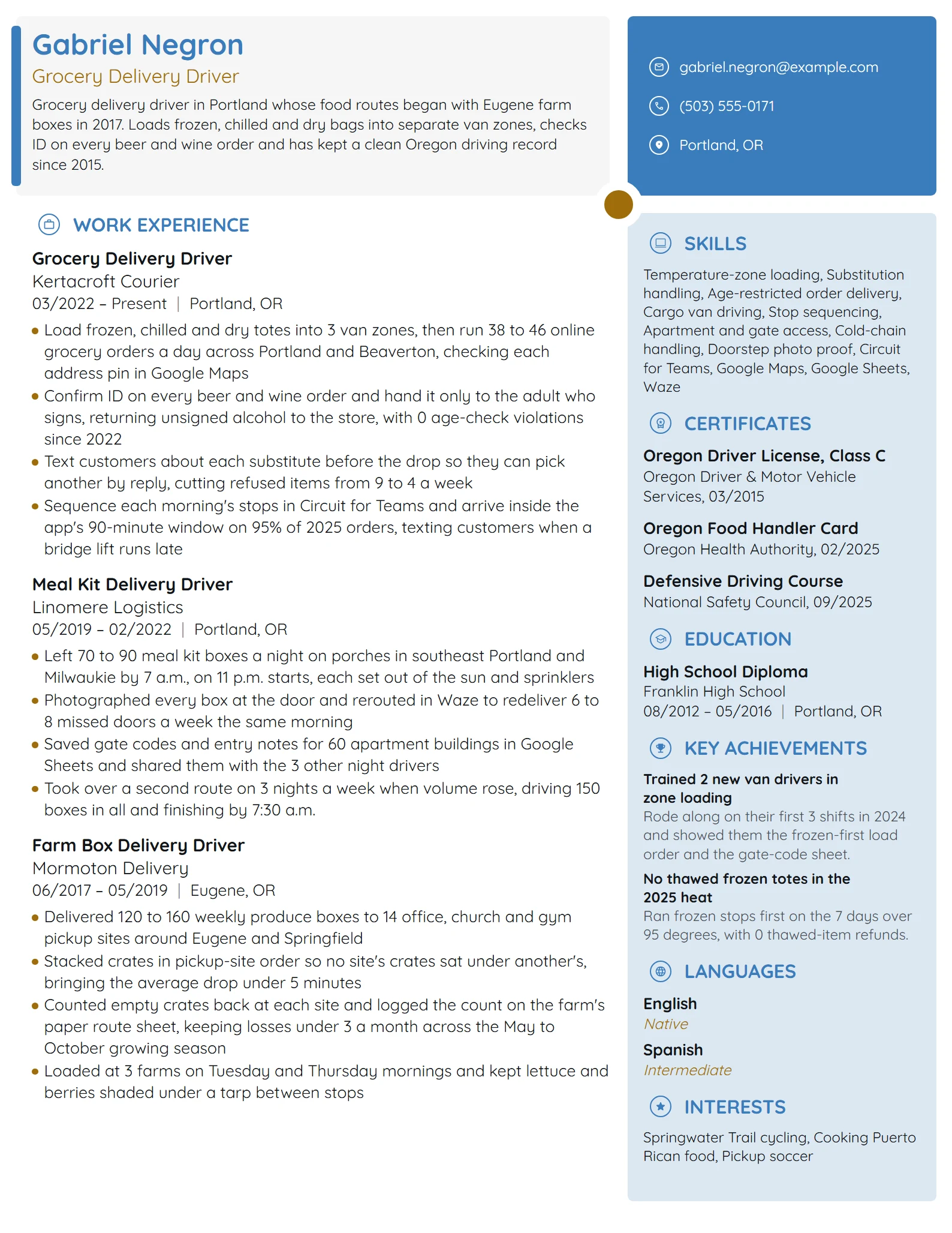 Grocery Delivery Driver resume example