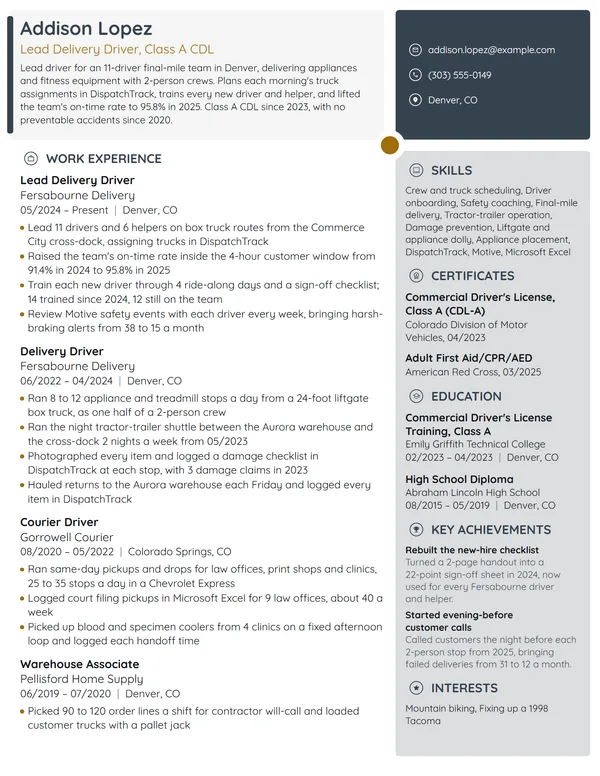 Lead Delivery Driver resume example