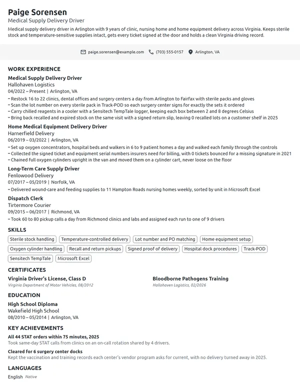 Medical Supply Delivery Driver resume example