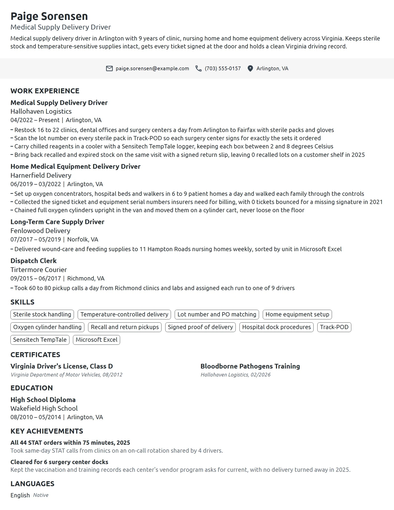 Medical Supply Delivery Driver resume example