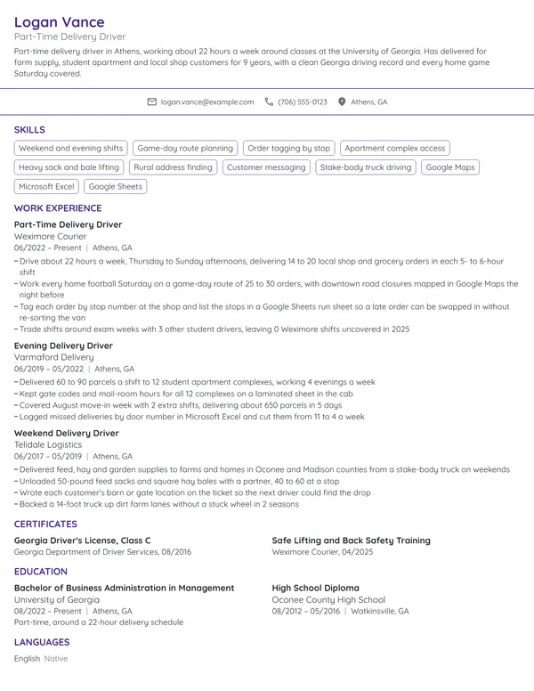Part-Time Delivery Driver resume example