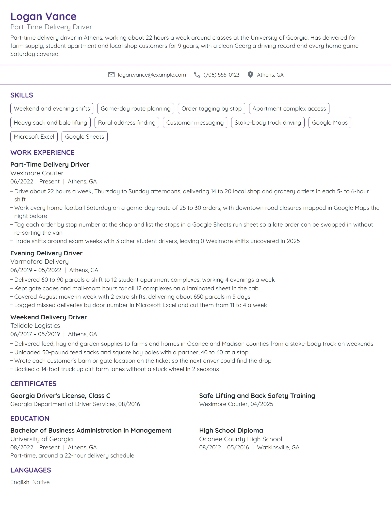 Part-Time Delivery Driver resume example