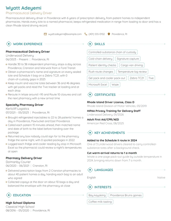 Pharmaceutical Delivery Driver resume example