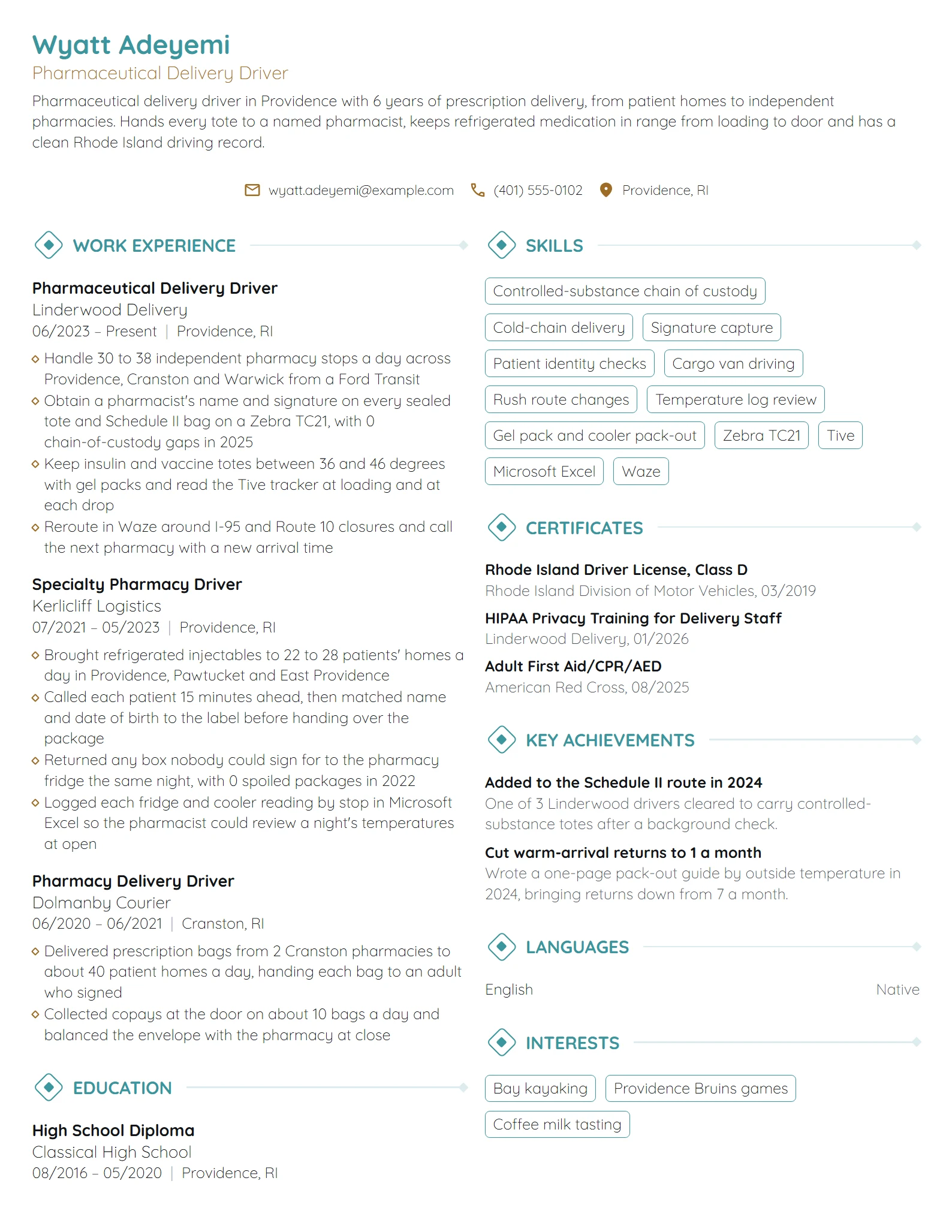 Pharmaceutical Delivery Driver resume example