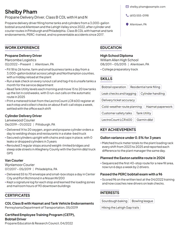 Propane Delivery Driver resume example