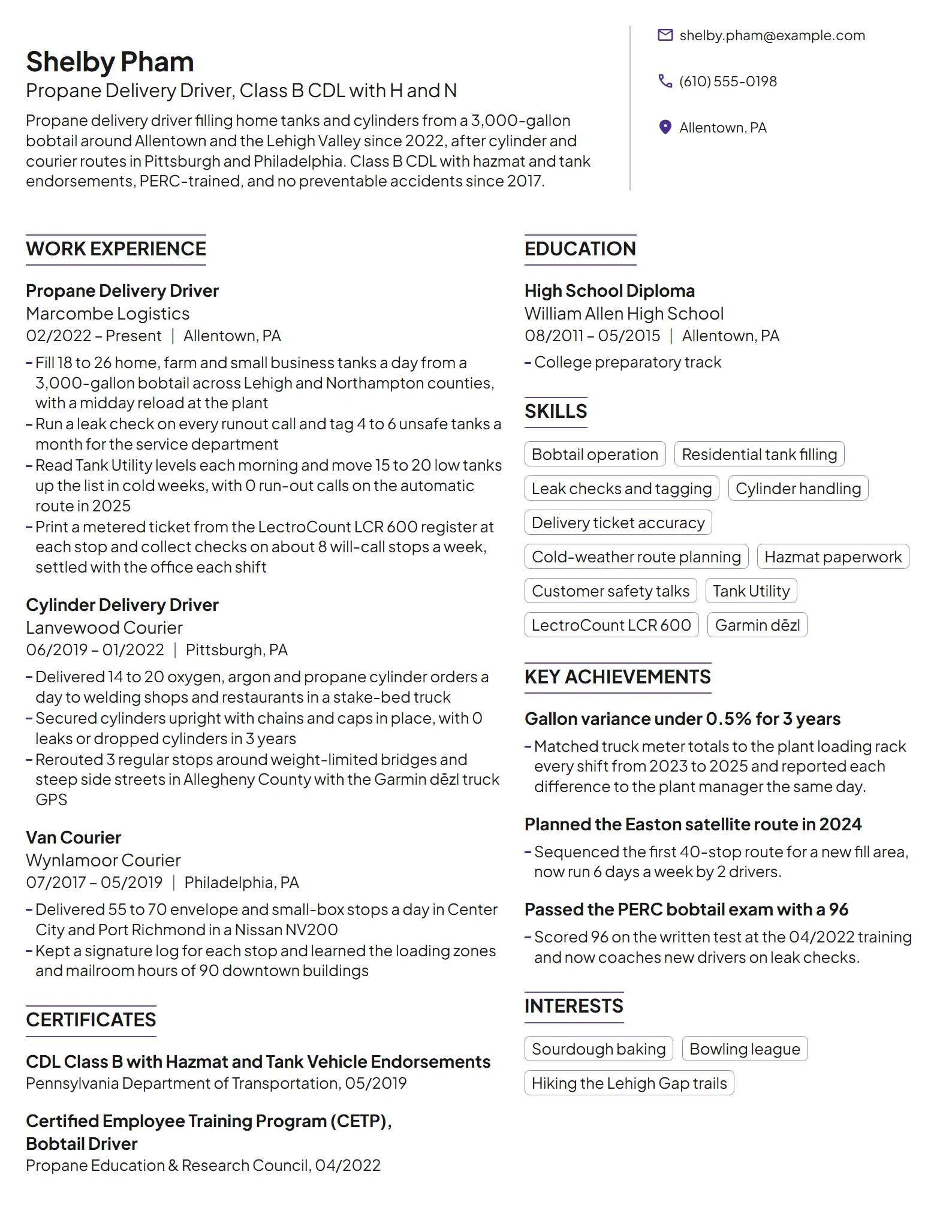 Propane Delivery Driver resume example