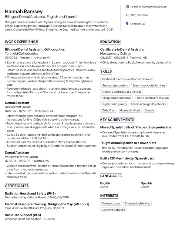 Bilingual Dental Assistant resume example