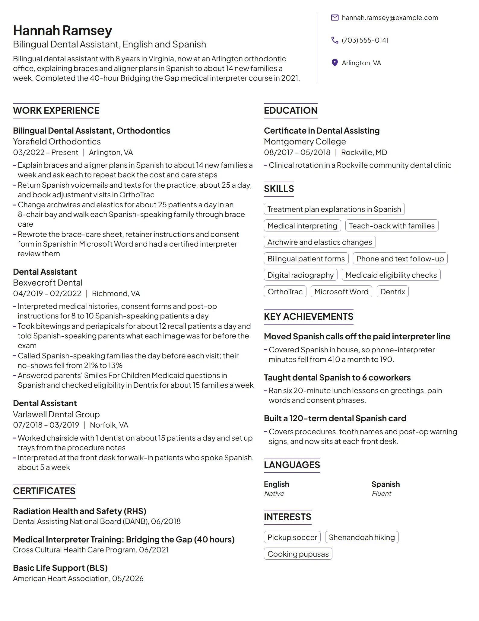 Bilingual Dental Assistant resume example