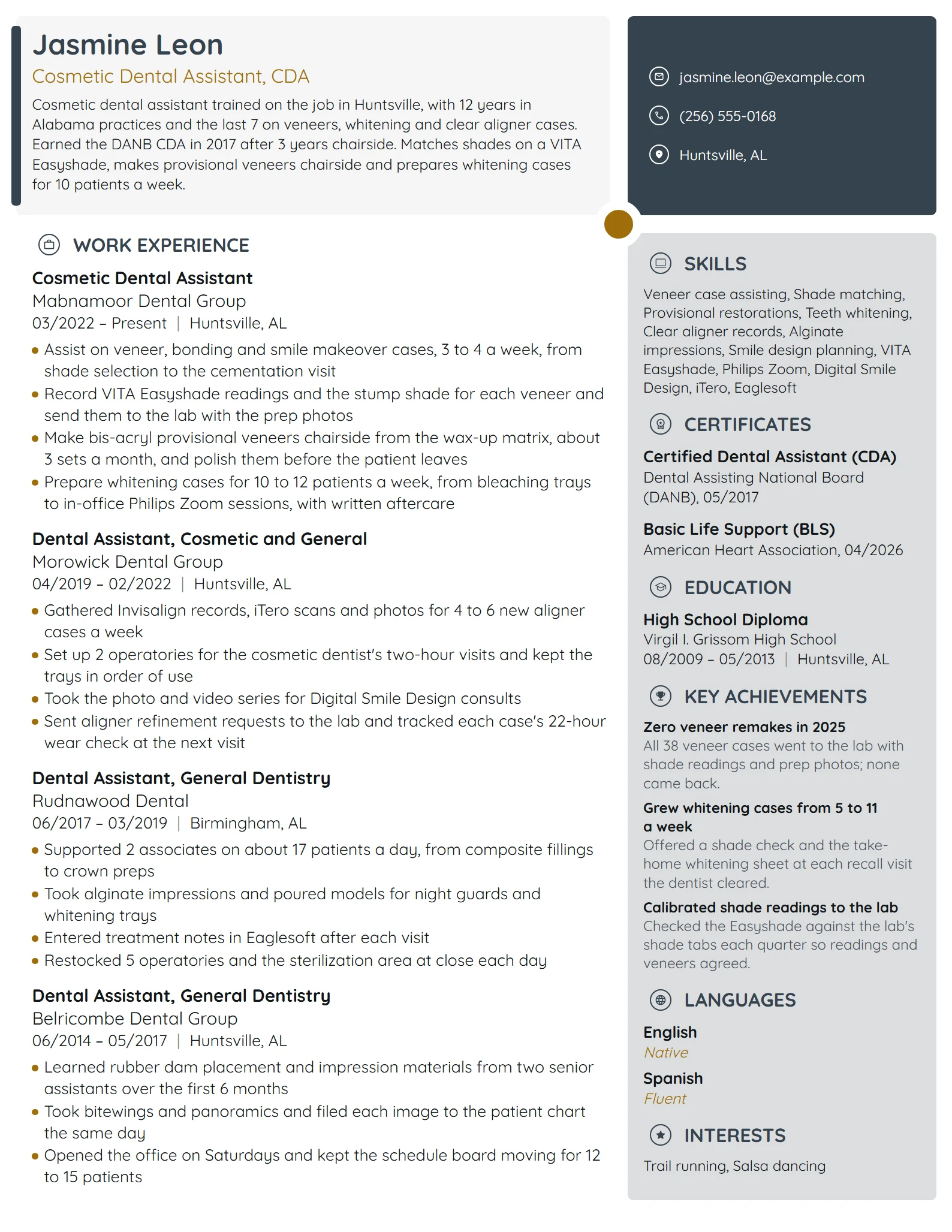 Cosmetic Dental Assistant resume example