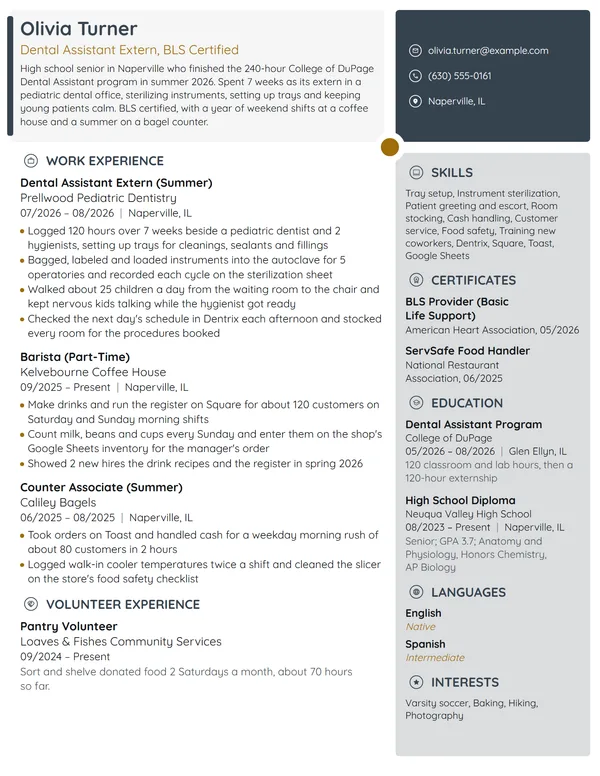 Dental Assistant Extern resume example