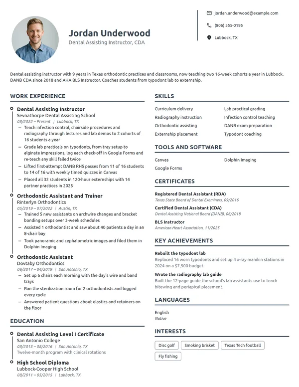 Dental Assistant Instructor resume example