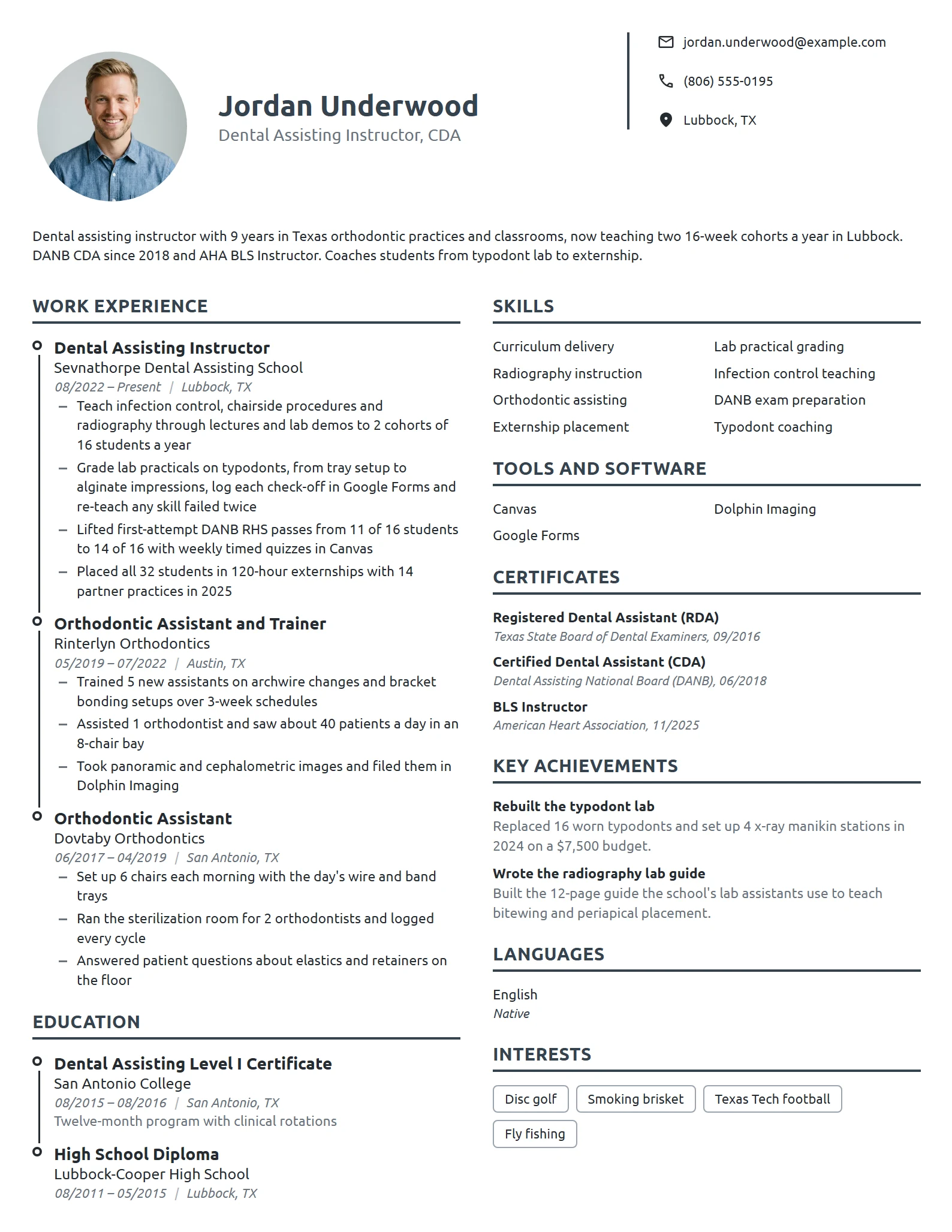 Dental Assistant Instructor resume example