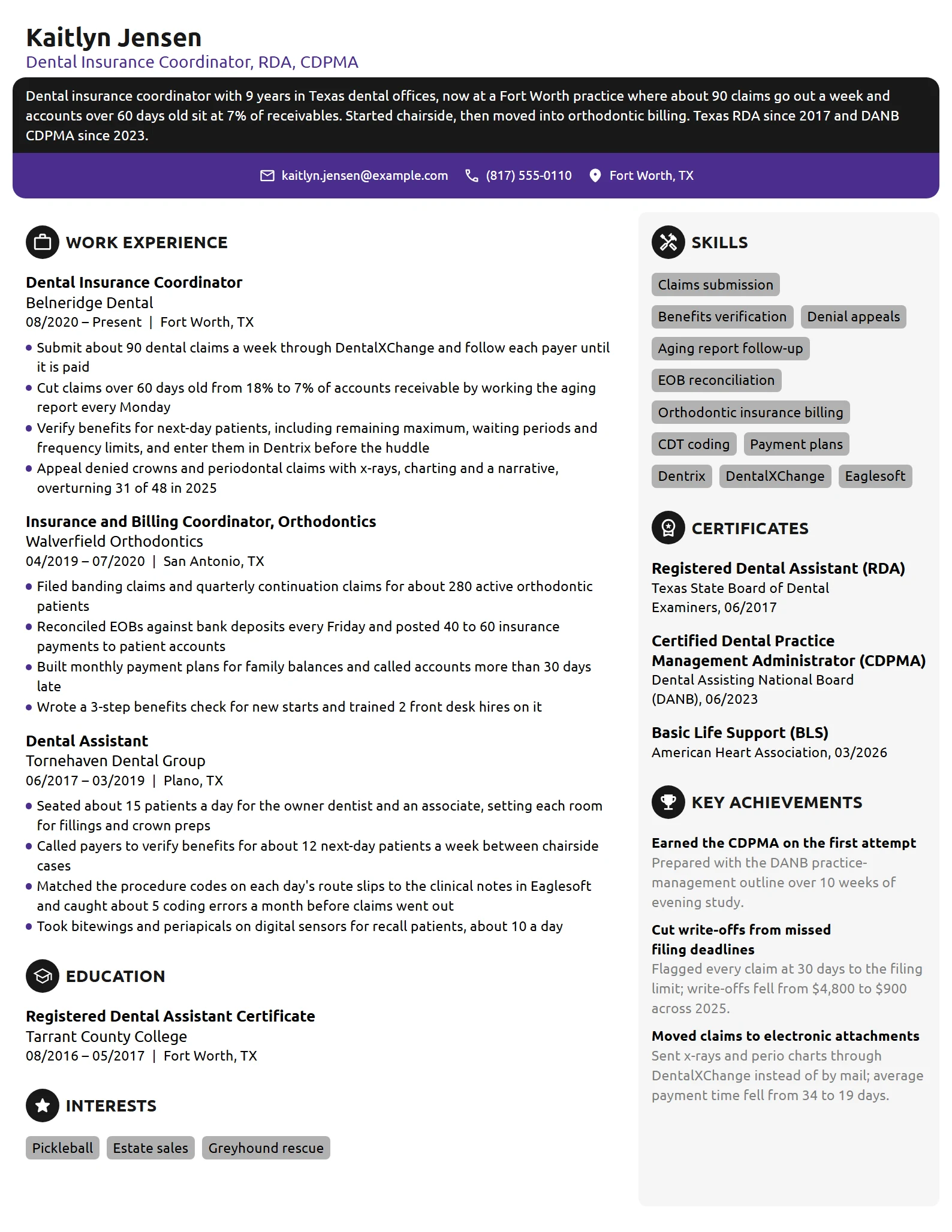 Dental Insurance Coordinator resume example
