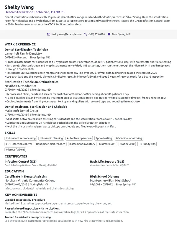 Dental Sterilization Technician resume example