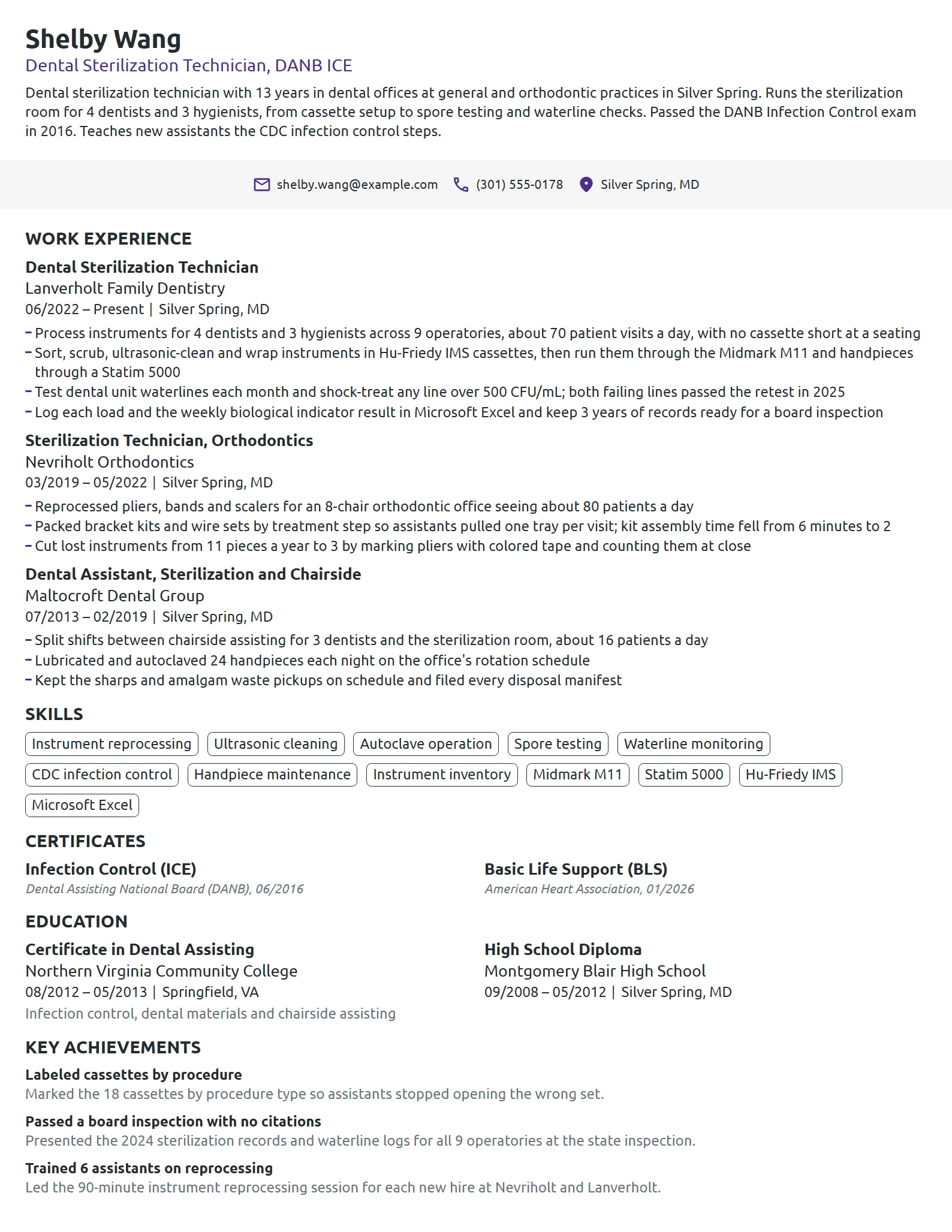 Dental Sterilization Technician resume example