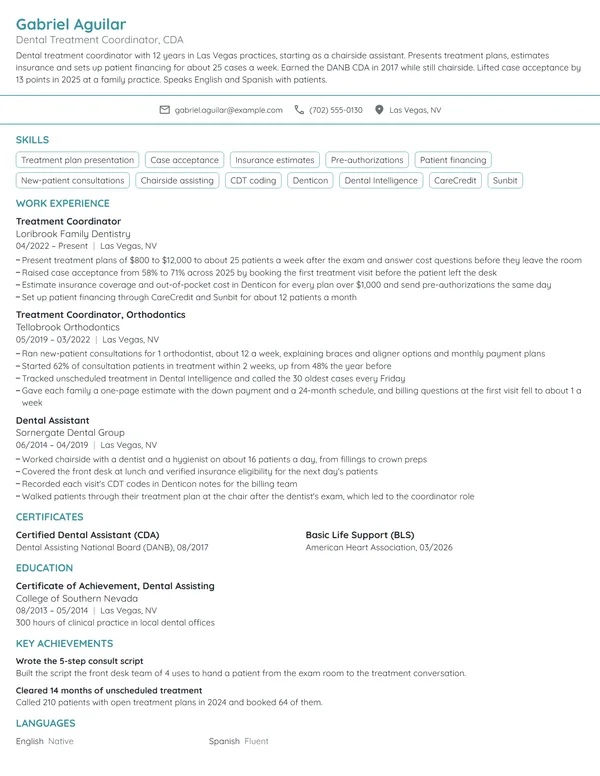 Dental Treatment Coordinator resume example