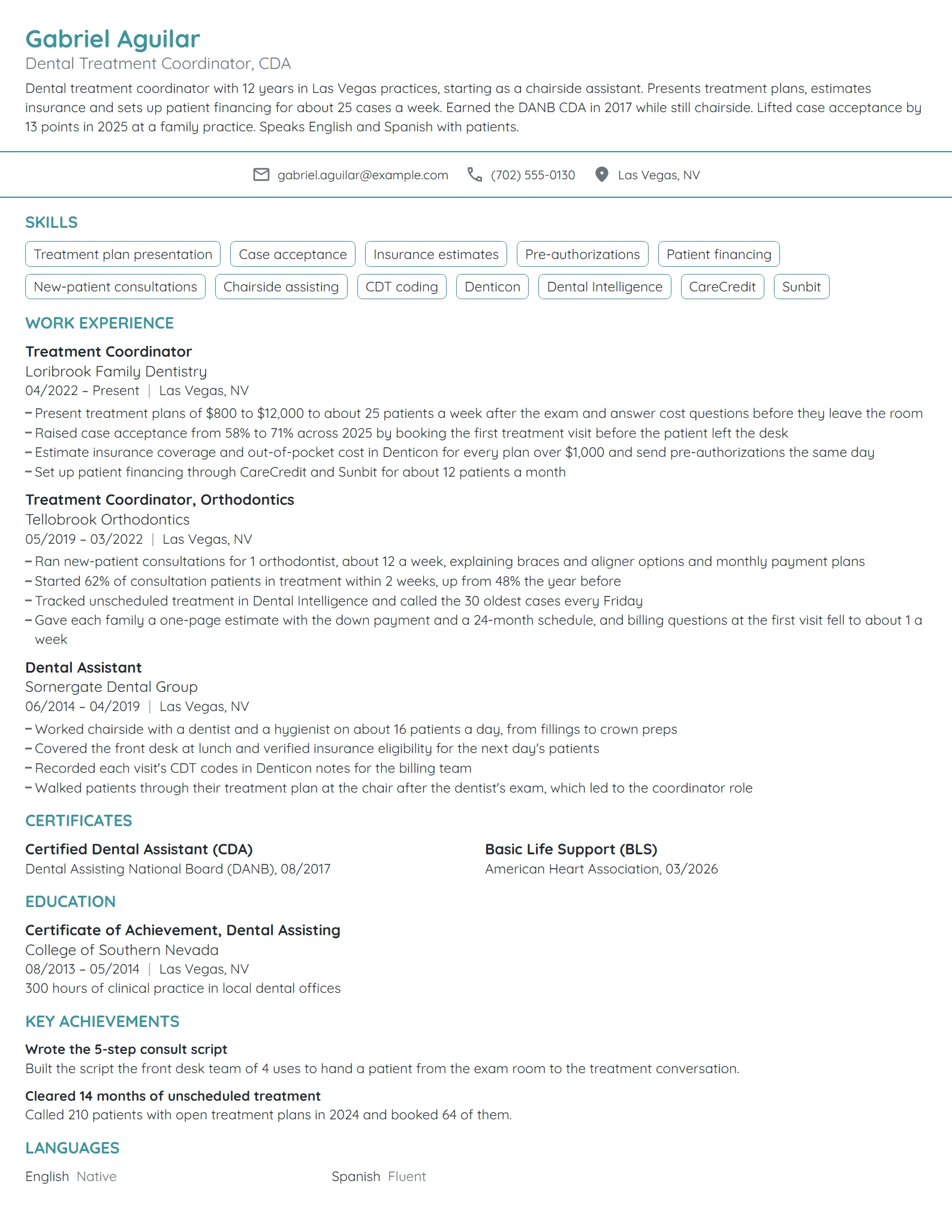 Dental Treatment Coordinator resume example