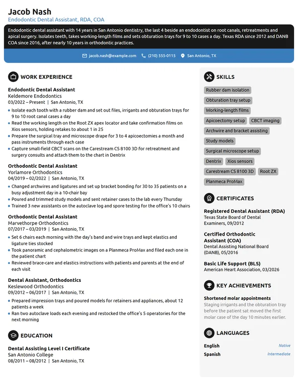 Endodontic Dental Assistant resume example