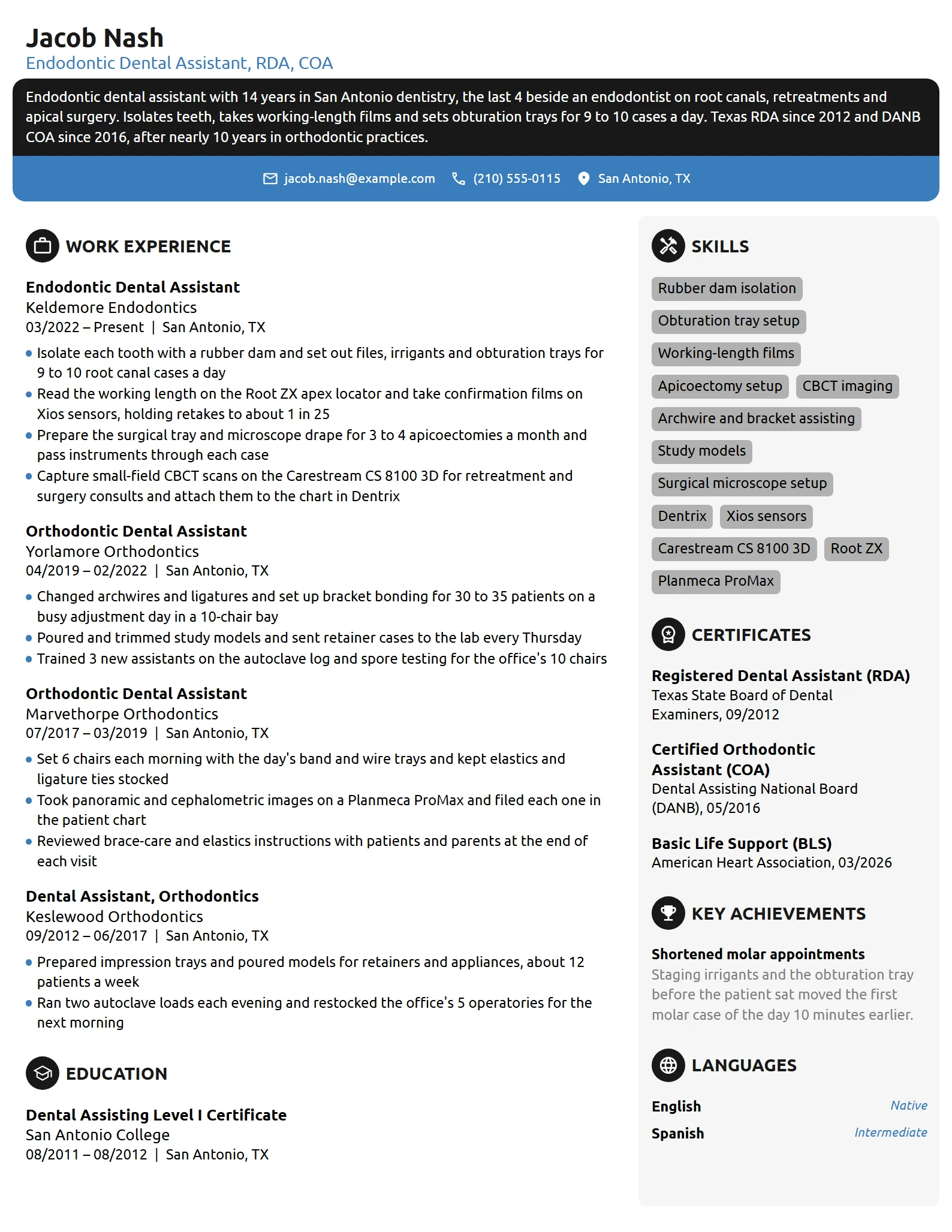 Endodontic Dental Assistant resume example