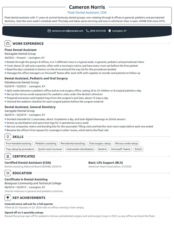 Float Dental Assistant resume example