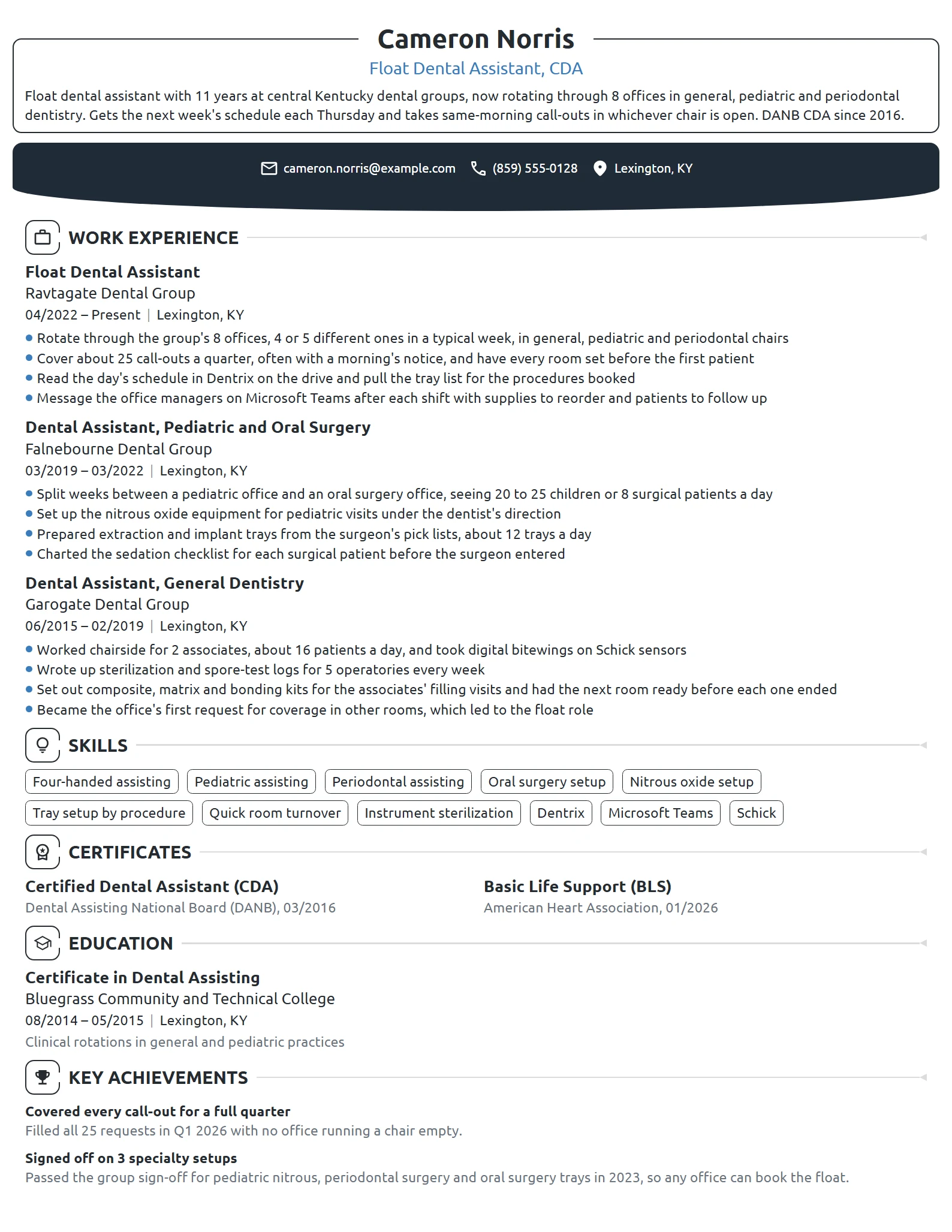 Float Dental Assistant resume example