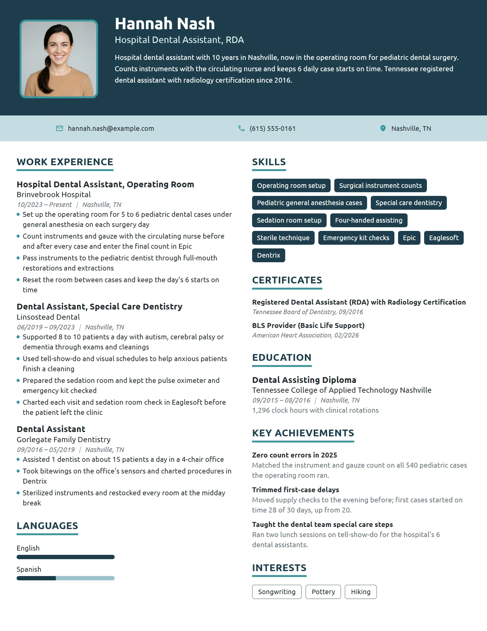Hospital Dental Assistant resume example