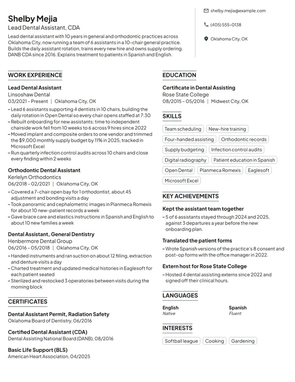 Lead Dental Assistant resume example